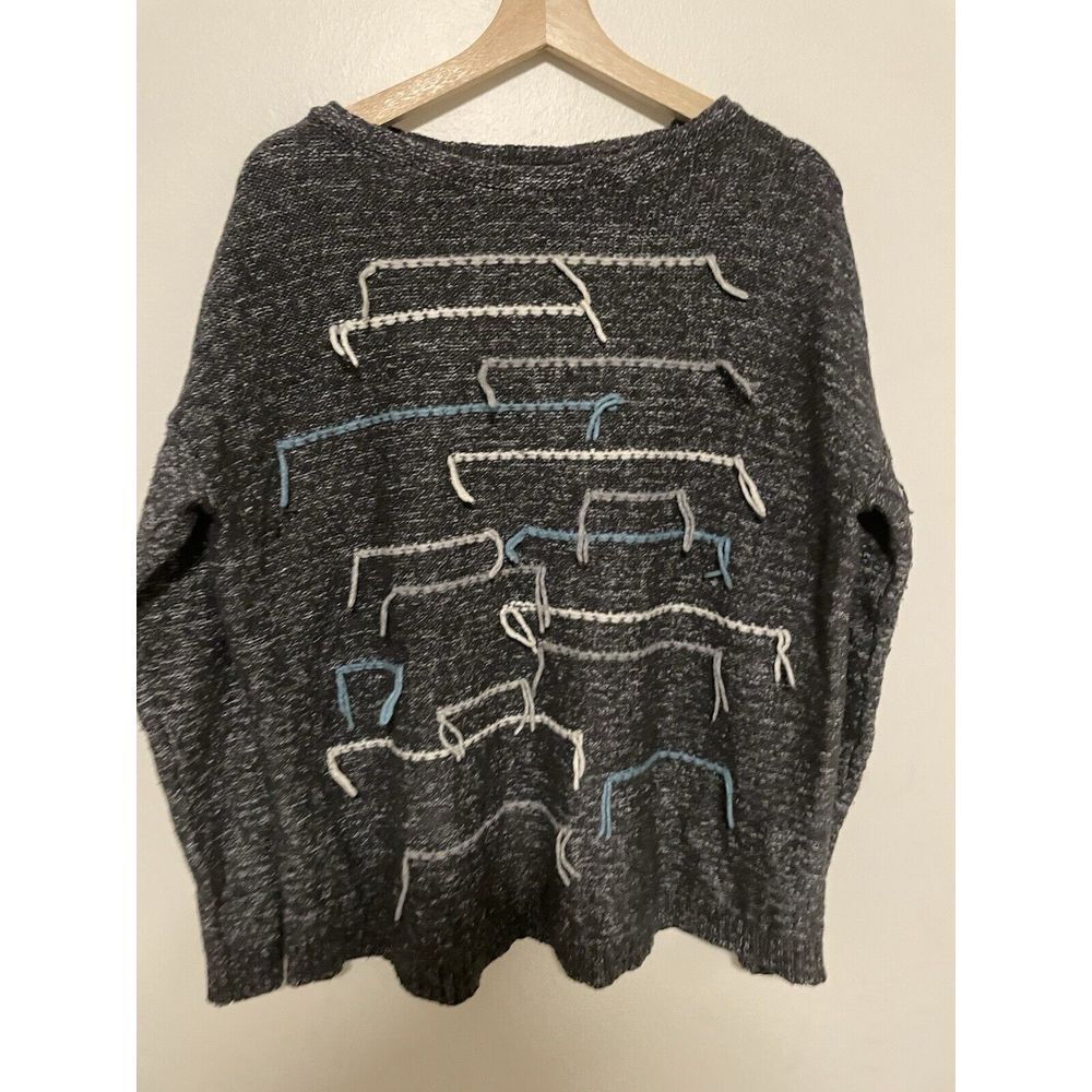 J Jill Sweater Womens Medium Gray PureJill Embroidered Knit Boho‎ Artsy Wool